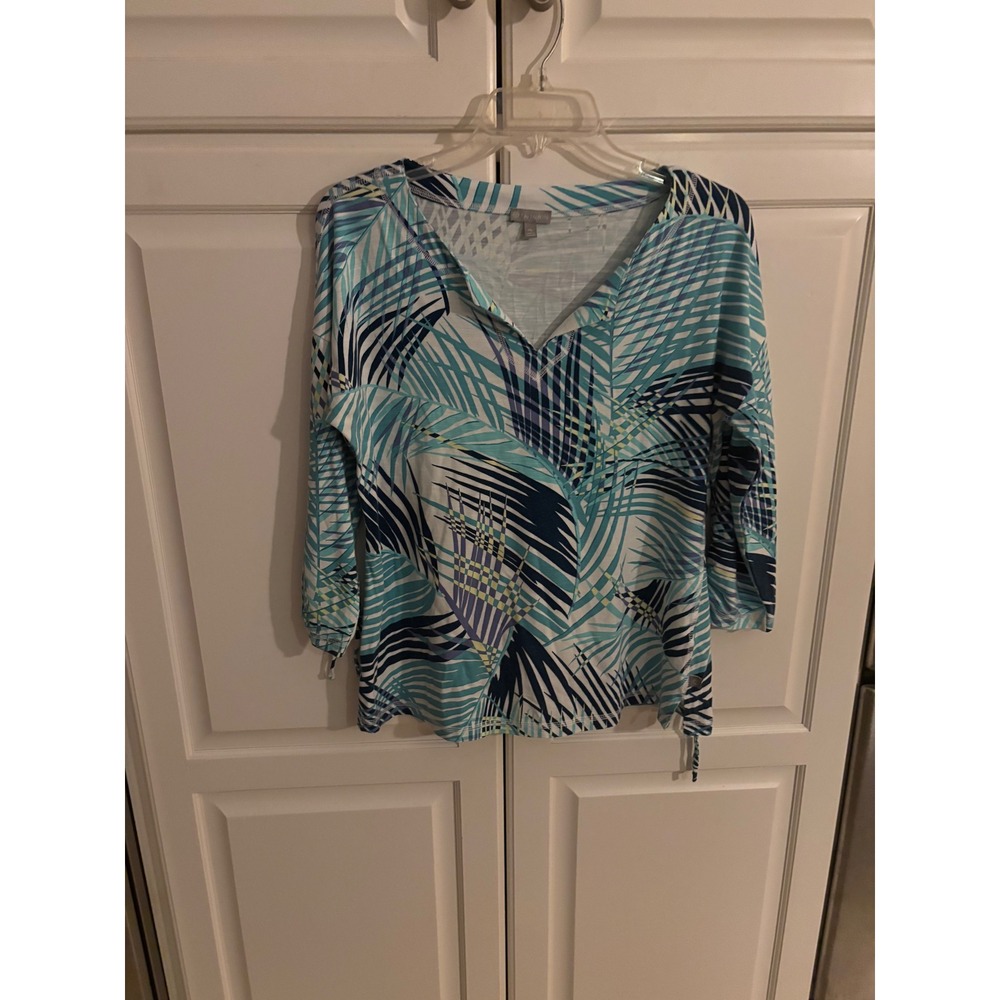 T by Talbots Women Blue Tropical Palm Print V-Neck Cinch Sleeve Top MP Petite